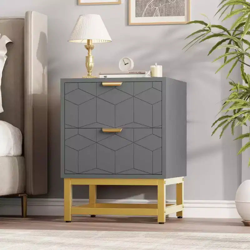 Comodino Acekool a 2 cassetti, tavolino moderno con gambe in metallo dorato, comodino con vano portaoggetti per camera da letto, corridoio o ingresso