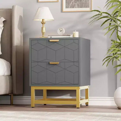Comodino Acekool a 2 cassetti, tavolino moderno con gambe in metallo dorato, comodino con vano portaoggetti per camera da letto, corridoio o ingresso