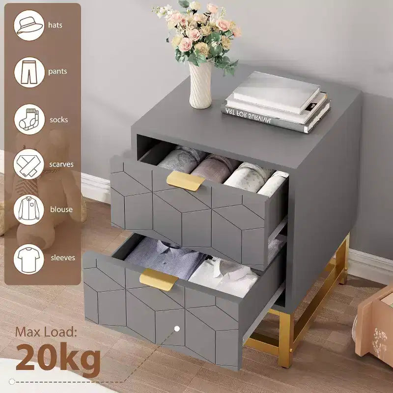 Comodino Acekool a 2 cassetti, tavolino moderno con gambe in metallo dorato, comodino con vano portaoggetti per camera da letto, corridoio o ingresso