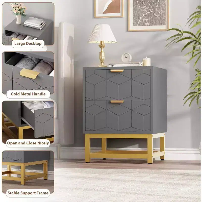 Comodino Acekool a 2 cassetti, tavolino moderno con gambe in metallo dorato, comodino con vano portaoggetti per camera da letto, corridoio o ingresso