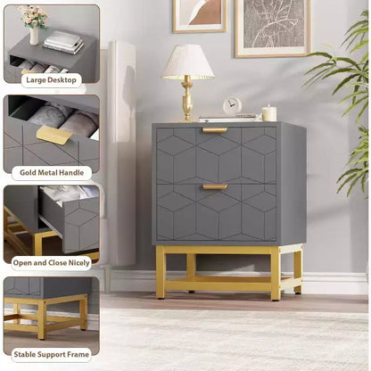Comodino Acekool a 2 cassetti, tavolino moderno con gambe in metallo dorato, comodino con vano portaoggetti per camera da letto, corridoio o ingresso