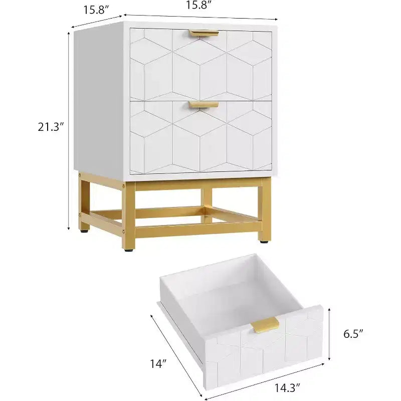 Comodino Acekool a 2 cassetti, tavolino moderno con gambe in metallo dorato, comodino con vano portaoggetti per camera da letto, corridoio o ingresso