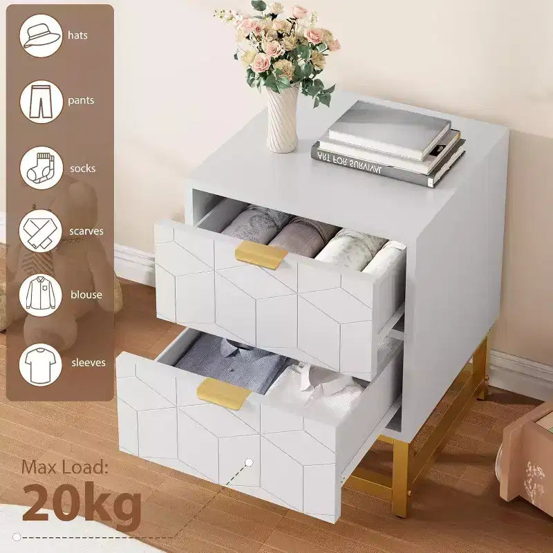 Comodino Acekool a 2 cassetti, tavolino moderno con gambe in metallo dorato, comodino con vano portaoggetti per camera da letto, corridoio o ingresso