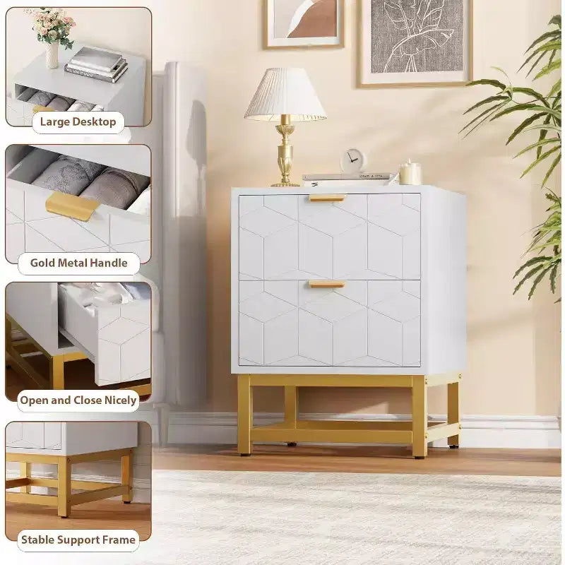 Comodino Acekool a 2 cassetti, tavolino moderno con gambe in metallo dorato, comodino con vano portaoggetti per camera da letto, corridoio o ingresso