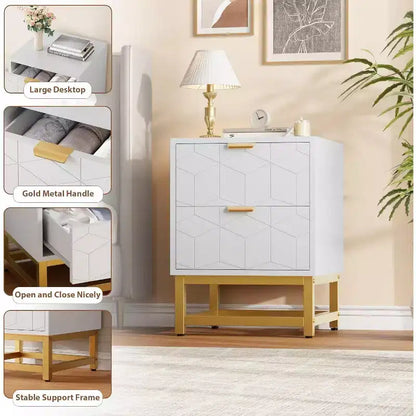 Comodino Acekool a 2 cassetti, tavolino moderno con gambe in metallo dorato, comodino con vano portaoggetti per camera da letto, corridoio o ingresso