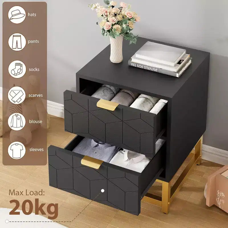 Comodino Acekool a 2 cassetti, tavolino moderno con gambe in metallo dorato, comodino con vano portaoggetti per camera da letto, corridoio o ingresso