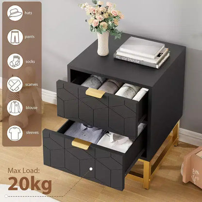 Comodino Acekool a 2 cassetti, tavolino moderno con gambe in metallo dorato, comodino con vano portaoggetti per camera da letto, corridoio o ingresso