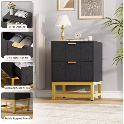 Comodino Acekool a 2 cassetti, tavolino moderno con gambe in metallo dorato, comodino con vano portaoggetti per camera da letto, corridoio o ingresso