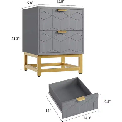 Comodino Acekool a 2 cassetti, tavolino moderno con gambe in metallo dorato, comodino con vano portaoggetti per camera da letto, corridoio o ingresso