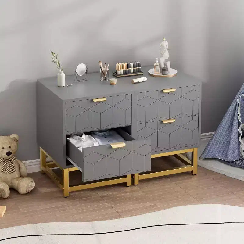 Comodino Acekool a 2 cassetti, tavolino moderno con gambe in metallo dorato, comodino con vano portaoggetti per camera da letto, corridoio o ingresso