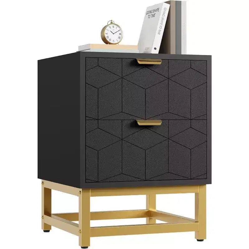 Acekool 2 Drawer Nightstand, Modern Side Table with Gold Metal Legs, Bedside Table Storage for Bedroom, Hallway, or Entryway
