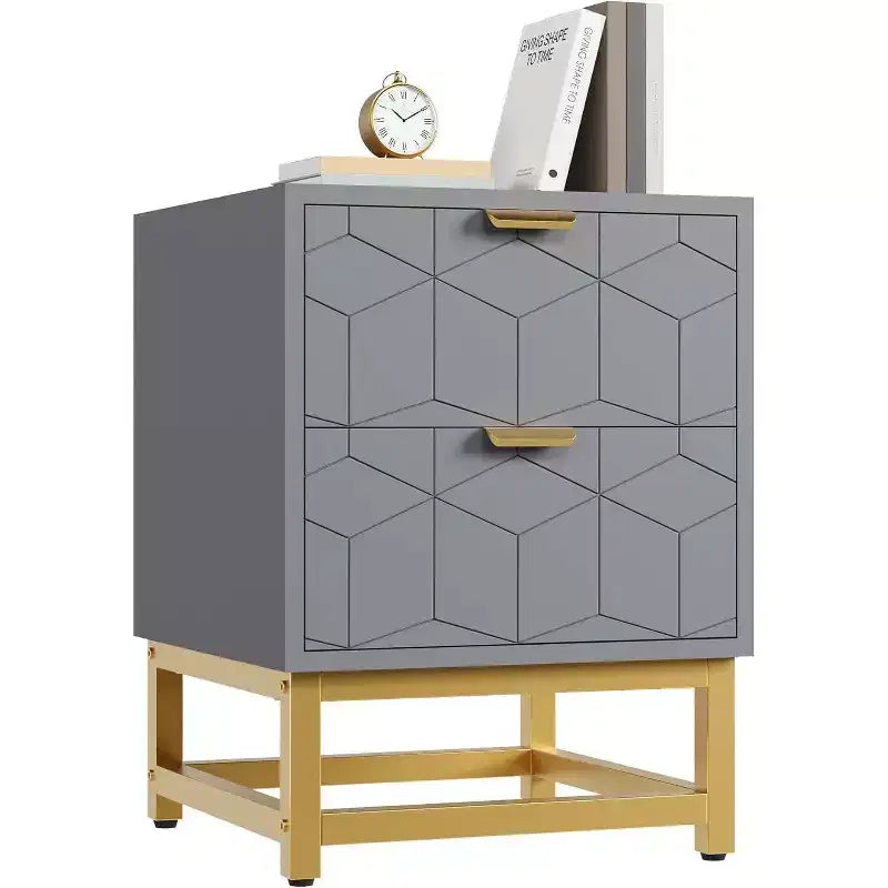 Comodino Acekool a 2 cassetti, tavolino moderno con gambe in metallo dorato, comodino con vano portaoggetti per camera da letto, corridoio o ingresso