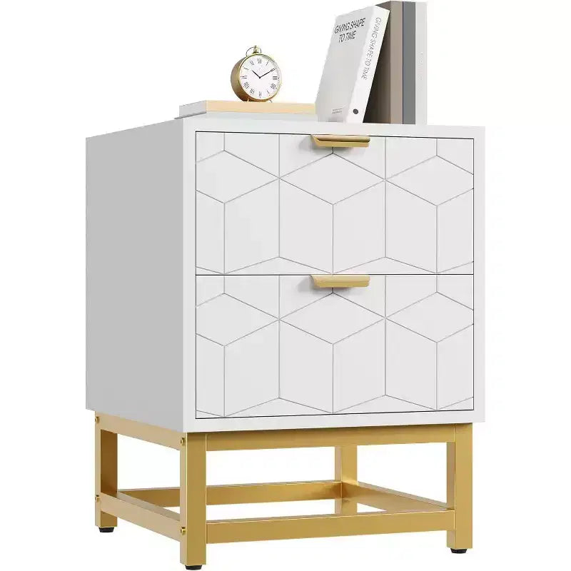 Comodino Acekool a 2 cassetti, tavolino moderno con gambe in metallo dorato, comodino con vano portaoggetti per camera da letto, corridoio o ingresso