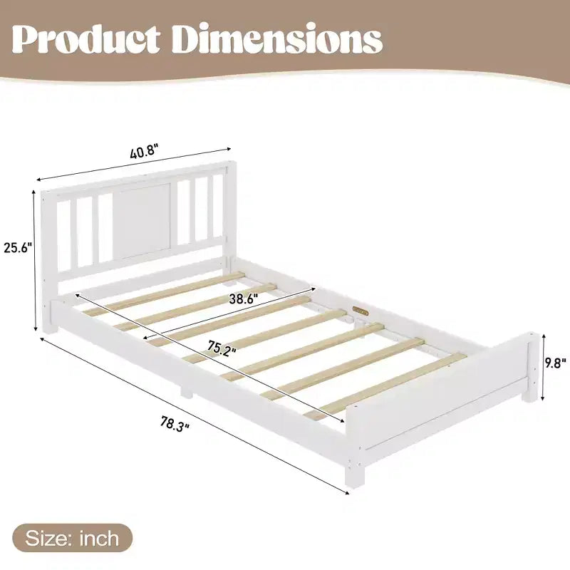 Letto a Piattaforma Matrimoniale con Testiera, Struttura del Letto a Piattaforma Bassa in Legno Massiccio con Doghe di Supporto per Camera da Letto
