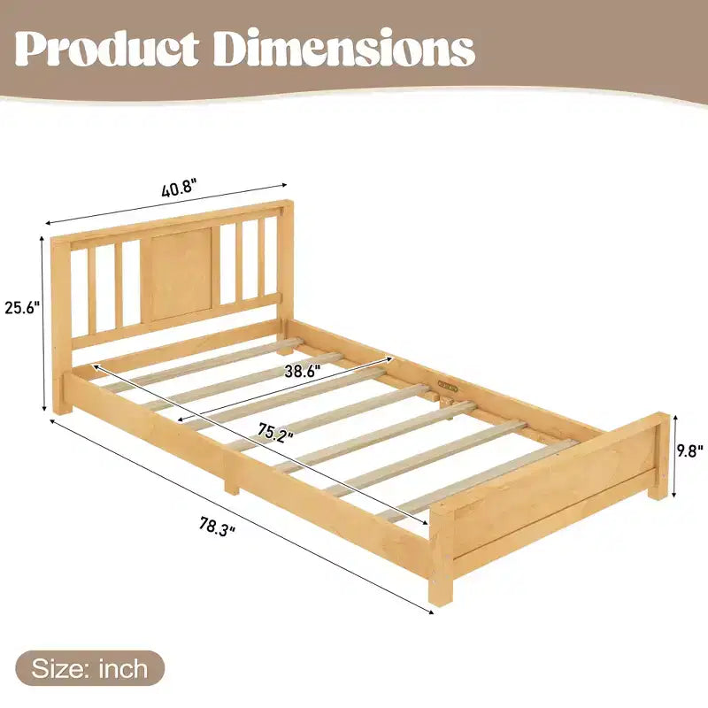 Letto a Piattaforma Matrimoniale con Testiera, Struttura del Letto a Piattaforma Bassa in Legno Massiccio con Doghe di Supporto per Camera da Letto