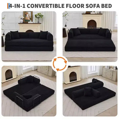 Divano Letto Trasformabile 79 Pollici, Divano Letto Pieghevole in Velluto a Coste 4-in-1 Senza Struttura con Cuscino e Forma Fissa, Materasso da Pavimento Divanetto Nero