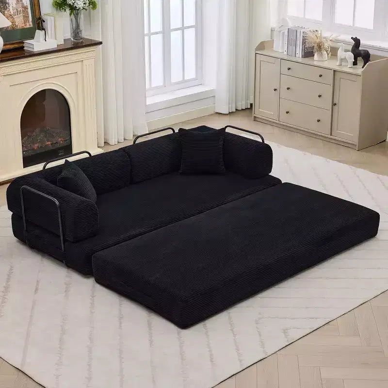 Divano Letto Trasformabile 79 Pollici, Divano Letto Pieghevole in Velluto a Coste 4-in-1 Senza Struttura con Cuscino e Forma Fissa, Materasso da Pavimento Divanetto Nero