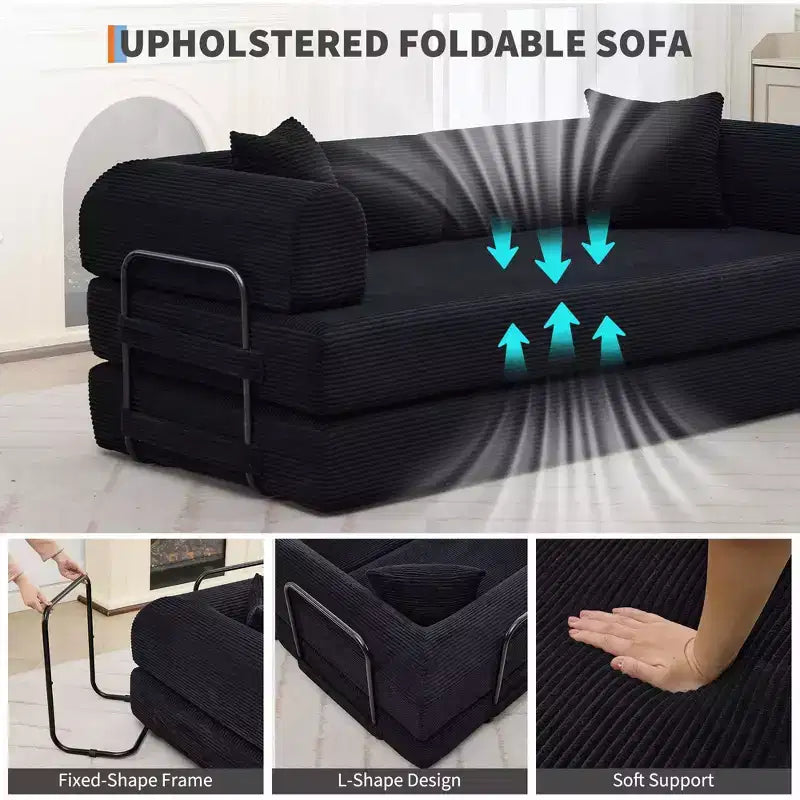 Divano Letto Trasformabile 79 Pollici, Divano Letto Pieghevole in Velluto a Coste 4-in-1 Senza Struttura con Cuscino e Forma Fissa, Materasso da Pavimento Divanetto Nero