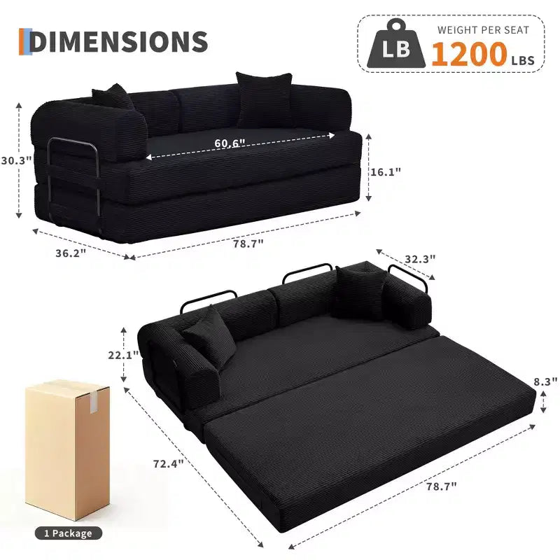 Divano Letto Trasformabile 79 Pollici, Divano Letto Pieghevole in Velluto a Coste 4-in-1 Senza Struttura con Cuscino e Forma Fissa, Materasso da Pavimento Divanetto Nero