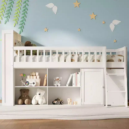 Letto a soppalco basso matrimoniale con contenitore e testiera a LED, letto a soppalco in legno con libreria contenitore, mensole e sponde per bambini