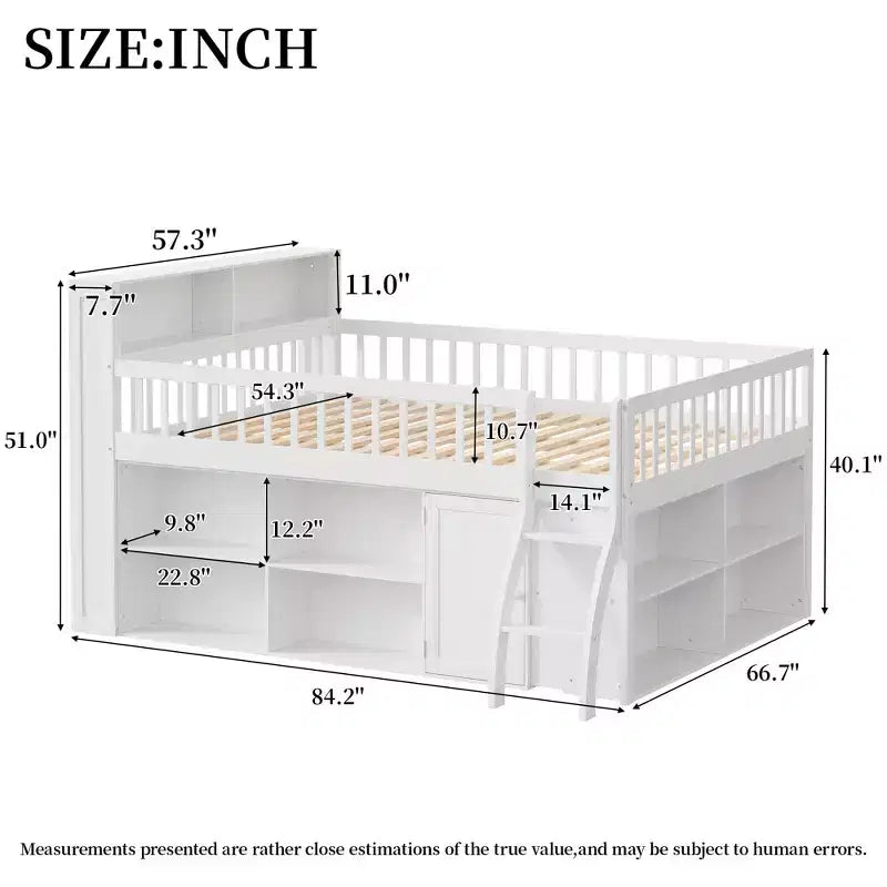 Letto a soppalco basso matrimoniale con contenitore e testiera a LED, letto a soppalco in legno con libreria contenitore, mensole e sponde per bambini