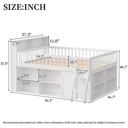 Letto a soppalco basso matrimoniale con contenitore e testiera a LED, letto a soppalco in legno con libreria contenitore, mensole e sponde per bambini
