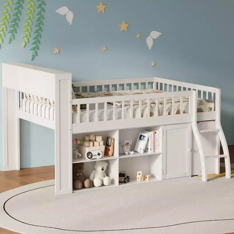 Letto a soppalco basso matrimoniale con contenitore e testiera a LED, letto a soppalco in legno con libreria contenitore, mensole e sponde per bambini