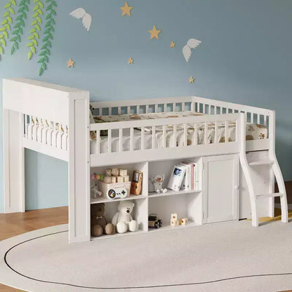 Letto a soppalco basso matrimoniale con contenitore e testiera a LED, letto a soppalco in legno con libreria contenitore, mensole e sponde per bambini