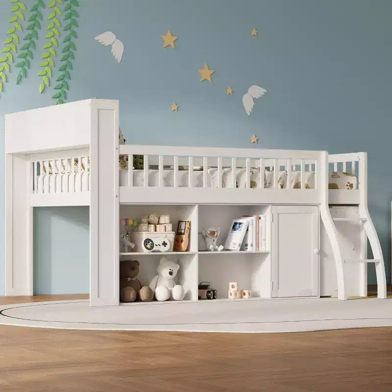Letto a soppalco basso matrimoniale con contenitore e testiera a LED, letto a soppalco in legno con libreria contenitore, mensole e sponde per bambini
