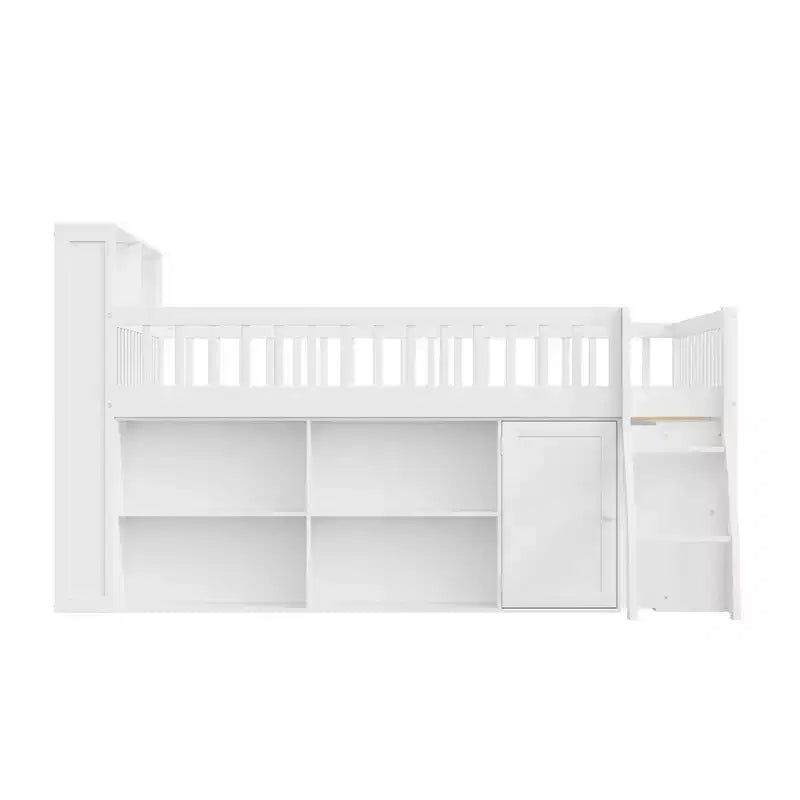 Letto a soppalco basso matrimoniale con contenitore e testiera a LED, letto a soppalco in legno con libreria contenitore, mensole e sponde per bambini
