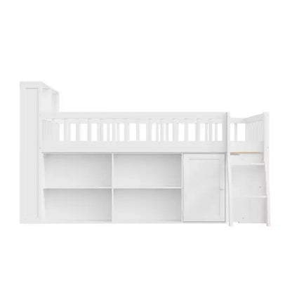 Letto a soppalco basso matrimoniale con contenitore e testiera a LED, letto a soppalco in legno con libreria contenitore, mensole e sponde per bambini