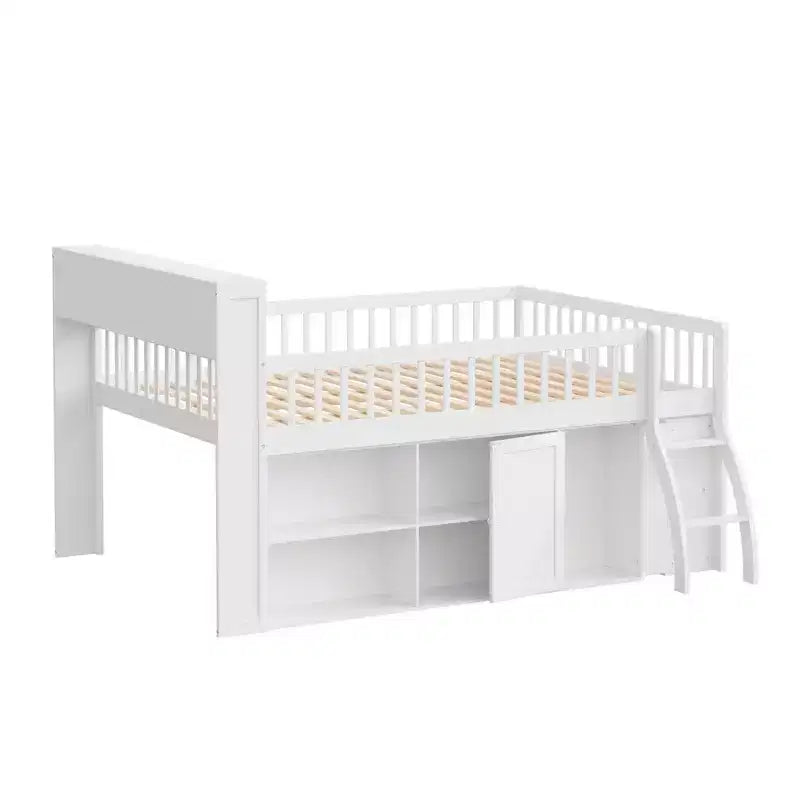 Letto a soppalco basso matrimoniale con contenitore e testiera a LED, letto a soppalco in legno con libreria contenitore, mensole e sponde per bambini