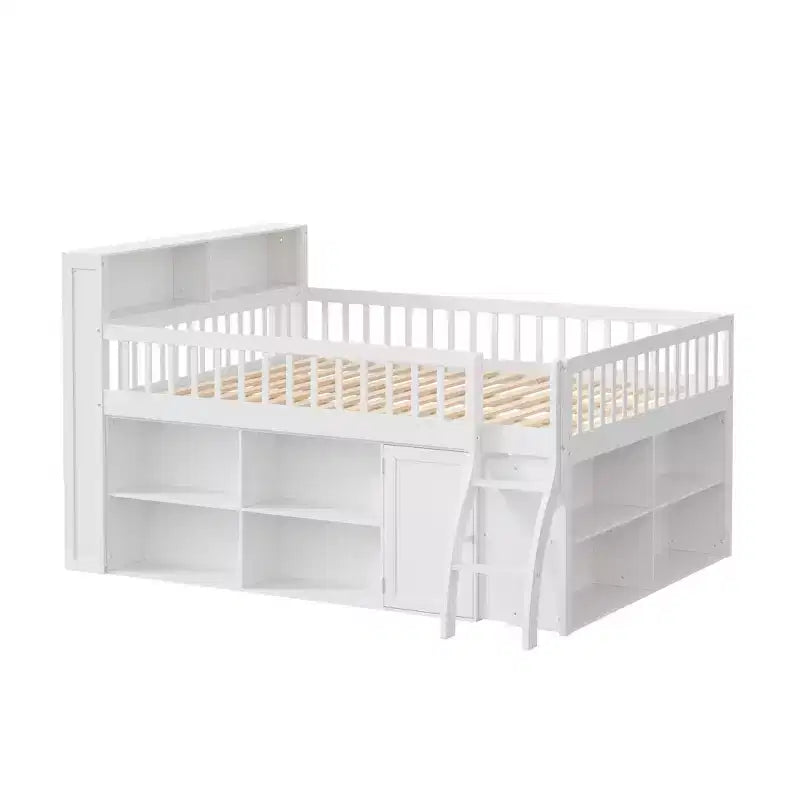 Letto a soppalco basso matrimoniale con contenitore e testiera a LED, letto a soppalco in legno con libreria contenitore, mensole e sponde per bambini