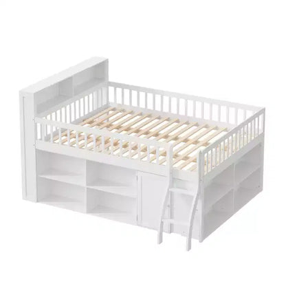 Letto a soppalco basso matrimoniale con contenitore e testiera a LED, letto a soppalco in legno con libreria contenitore, mensole e sponde per bambini