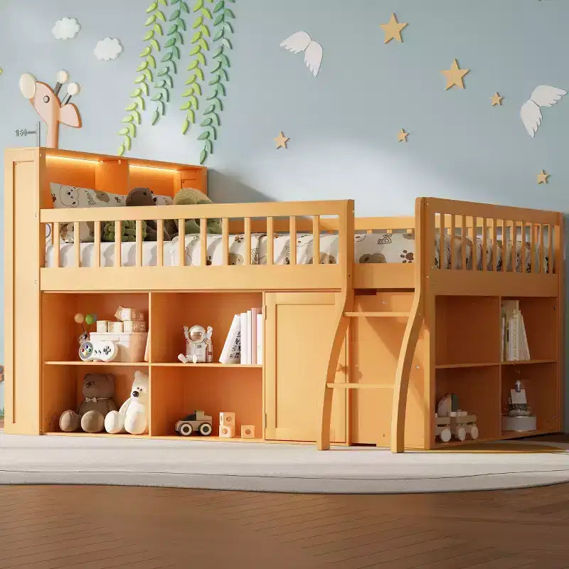 Letto a soppalco basso matrimoniale con contenitore e testiera a LED, letto a soppalco in legno con libreria contenitore, mensole e sponde per bambini