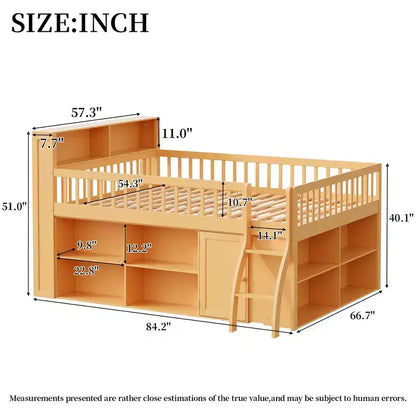 Letto a soppalco basso matrimoniale con contenitore e testiera a LED, letto a soppalco in legno con libreria contenitore, mensole e sponde per bambini