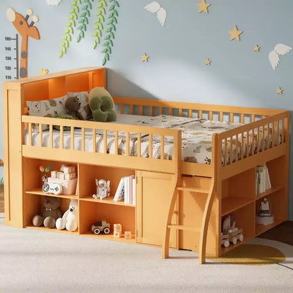 Letto a soppalco basso matrimoniale con contenitore e testiera a LED, letto a soppalco in legno con libreria contenitore, mensole e sponde per bambini