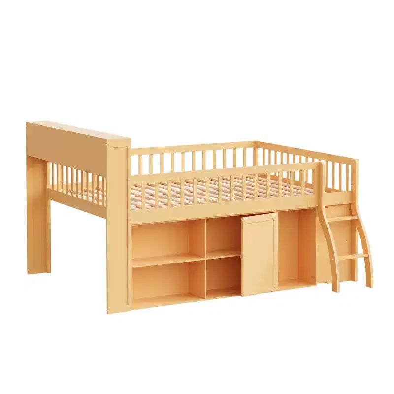 Letto a soppalco basso matrimoniale con contenitore e testiera a LED, letto a soppalco in legno con libreria contenitore, mensole e sponde per bambini