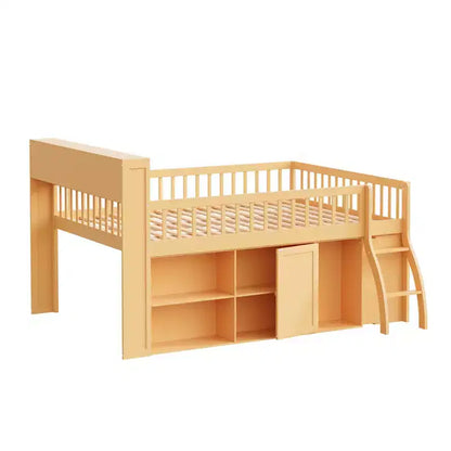 Letto a soppalco basso matrimoniale con contenitore e testiera a LED, letto a soppalco in legno con libreria contenitore, mensole e sponde per bambini
