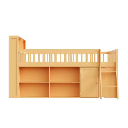 Letto a soppalco basso matrimoniale con contenitore e testiera a LED, letto a soppalco in legno con libreria contenitore, mensole e sponde per bambini