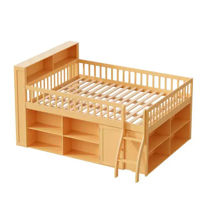 Letto a soppalco basso matrimoniale con contenitore e testiera a LED, letto a soppalco in legno con libreria contenitore, mensole e sponde per bambini
