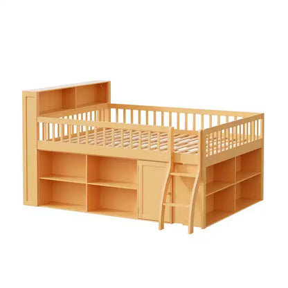 Letto a soppalco basso matrimoniale con contenitore e testiera a LED, letto a soppalco in legno con libreria contenitore, mensole e sponde per bambini