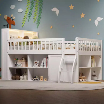 Letto a soppalco basso matrimoniale con contenitore e testiera a LED, letto a soppalco in legno con libreria contenitore, mensole e sponde per bambini