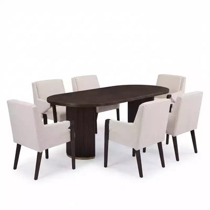 Set da pranzo Anand Moderno 7 pezzi in legno di Hevea con tavolo ovale a piedistallo e sedie rivestite in lino