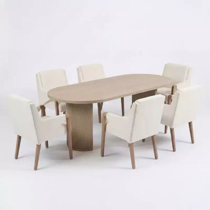 Set da pranzo Anand Moderno 7 pezzi in legno di Hevea con tavolo ovale a piedistallo e sedie rivestite in lino