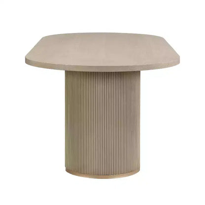 Set da pranzo Anand Moderno 7 pezzi in legno di Hevea con tavolo ovale a piedistallo e sedie rivestite in lino