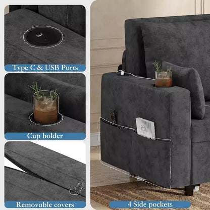 Divano Letto Estraibile 3 in 1, Divano Letto Convertibile, Divano a Due Posti con Portabicchieri, USB e Tasca Laterale, Cuscini Decorativi Inclusi