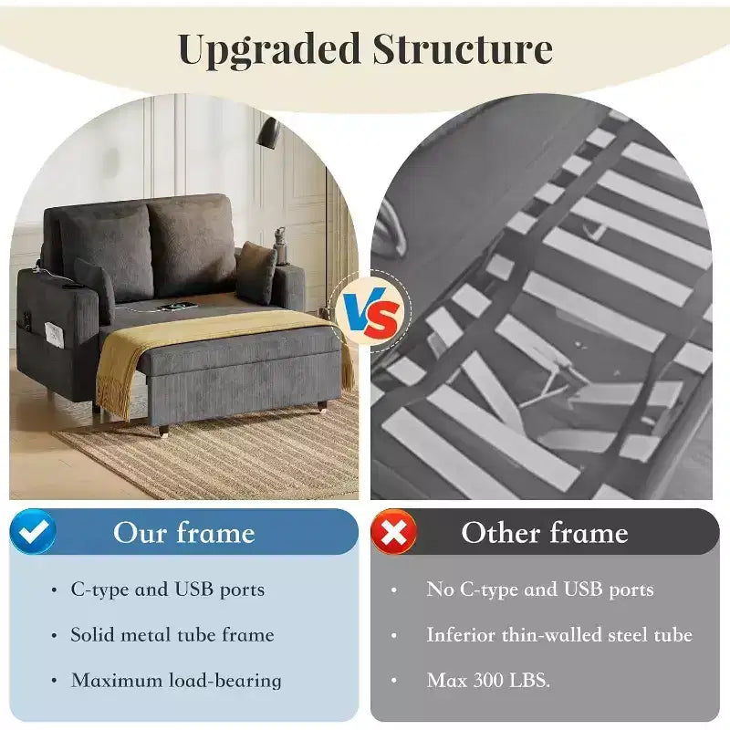 Divano Letto Estraibile 3 in 1, Divano Letto Convertibile, Divano a Due Posti con Portabicchieri, USB e Tasca Laterale, Cuscini Decorativi Inclusi