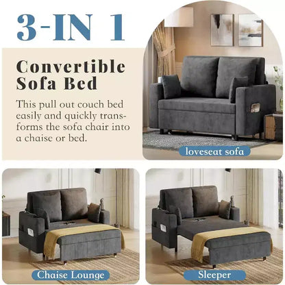 Divano Letto Estraibile 3 in 1, Divano Letto Convertibile, Divano a Due Posti con Portabicchieri, USB e Tasca Laterale, Cuscini Decorativi Inclusi