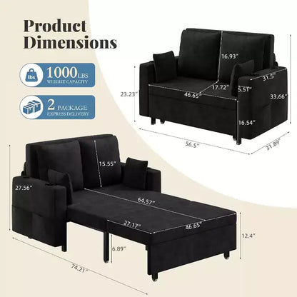 Divano Letto Estraibile 3 in 1, Divano Letto Convertibile, Divano a Due Posti con Portabicchieri, USB e Tasca Laterale, Cuscini Decorativi Inclusi